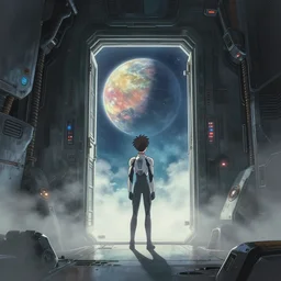interior of futuristic craft, mechanical, sci-fi walls, light fog, guy in a cyber-suit looking out the door at a giant planet, anime style of Studio Trigger, by Makoto Shinkai, Studio Ghibli, Miyazaki, artstation,