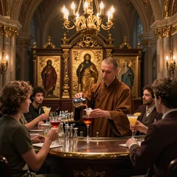 Bar - Church, Bartender monk in cassock prepares a cocktail, people drink cocktails, Iconostasis in the bar, Church chandelier, octane hyperrealistyc render