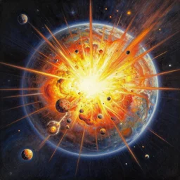 cloisonnism!! view of explosive asteroid impact planet in no mans sky, masterpiece, moebius, bekskinski