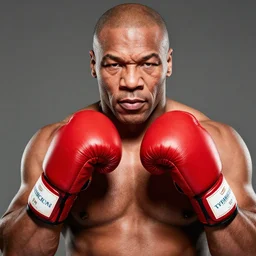 a portrait of mike tyson with fried chicken boxing gloves.
