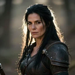 fantasy portrait of a  middle aged  beautiful  female barbarian warrior with jet black hair , backlit  , made by Stanley Artgerm Lau, WLOP, Rossdraws, ArtStation, CGSociety, concept art, cgsociety, octane render, trending on artstation, artstationHD, artstationHQ, unreal engine, sfw, 4k, 8k,