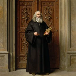 a realistic old man in robes holding a book standing in front of an elaborate ancient wooden door, beautiful colourful fantasy rendering,  Agnolo Bronzino, Simon Stälenhag, N.C. Wyeth