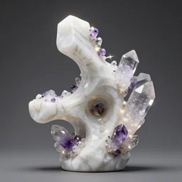 abstract sculpture made of white marble and amethyst crystals quartz, ethereal lights, fine details, octane render