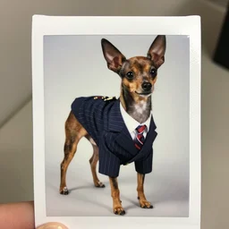 80mm photograph is a photorealistic min pin wearing a suit