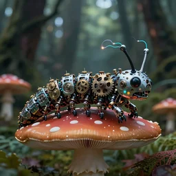 intricate mechanical caterpillar with visible gears and electronics and optic Fibres sitting on a mushroom in a magical forest. Very detailed 8k. Fantasy cyberpunk horror. Sharp. Cinematic post-processing