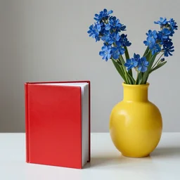 red book and yellow vase with blue flowers, photo