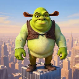 portrait shrek the ogre head eyes with ripped physique stands atop a skyscraper brad rigney winslow homer greg rutkowski cray-pas