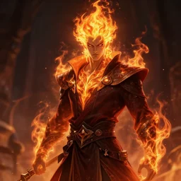 male fire genassi sorcerer, fire hair, hair made of fire, dark robes, character art, D&D, high detail