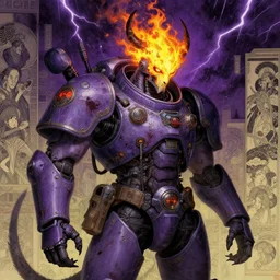 composition of gothic and futuristic cerberus, warhammer, cyber japan style, more and more scars, thunderstorm, fire head, purple and yellow, highly detailed, artstation, in the style of moebius, jugendstil and classic japanese print, art by jean delville and rene magritte