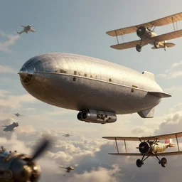 a flying airship with heavy weaponry, big air fight, biplanes, steampunk, fantasy, soft lighting, air battle, greg rutowski, trending on artstation