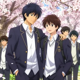 boy's love anime high school spring noon scene, high detail concept art, perfect proportions fine face, tall handsome guys, close together romantic undertones, avant designer uniform, vivid colors, color balance, realistic shaded lighting poster fantasy art ilya kuvshinov, kyoani, katsuhiro, jeremy lipking and michael germash, makoto shinkai, loish, best selling artist