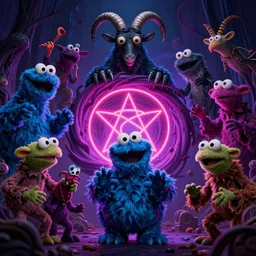 8k hyper realistic detailed image swirl of unholy Cookie Monster rites in a coven of Muppets, Black Frank the goat and neon pentagram in the center, rich deep colors, neon colors, cinematic shot by Alfonso Cuaron, part by Gaspar Noe. Art by Takashi Murakami, part by Jeff Koons. wide angle. masterpiece, ultra detailed