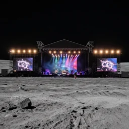 lunar landscape in which a massive of music rock concert, cinematographic lighting is being held, 1 2 3 4
