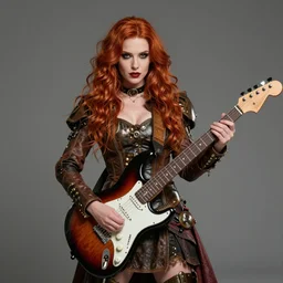 portrait of beautiful woman with his stratocaster, red hair, steam punk dress, sharp focus, high detailed, concept art, marc silvestri