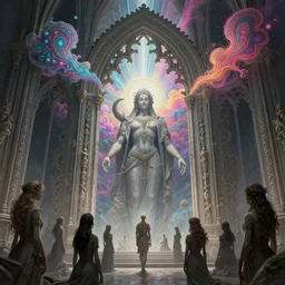 [ palate ] [ electric energy ] [ muted colors ] soul spirits congregating in front of an intricate giant gothic gateway, deity spirit at the gate, vibrant neon nebulous clouds, paisley pattern synapse clouds, symmetrical details, hyper realistic illustration, radiant light rays, photorealistic illustration, intricate and fine details, volumetric lighting, artstation
