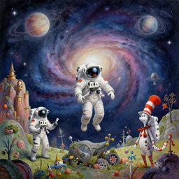 beguiling epic stunning beautiful insanely detailed landscape matte painting of an astronaut lost in the galaxy designed by dr seuss and michal karcz, by cyril rolando and asher durand and natalie shau, whimsical, intricate