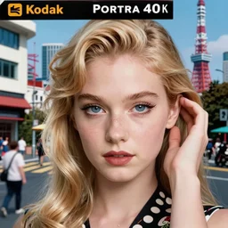 Kodak Portra 400,8K,highly detailed, chiaroscuro: beautiful three point perspective extreme closeup portrait photo in style of style 1950s frontiers in cosplay art nouveau tokyo seinen manga street photography fashion edition, tilt shift zaha hadid style anime tokyo background, highly detailed, focus on model;vaporwave ;blonde hair;blue eyes;akanbe;tendu pose, eye contact, soft lighting