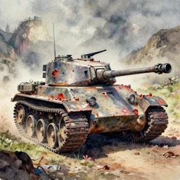 watercolor broken demon ravaged panzer, tank treads macerated in gastric bypass surgery valley by richard corben, bernie wrightson, ian miller, & albrecht durer, fine art masterpiece baked at 3 0 0 f, matte painting, dystopian lighting, photorealistic render, cinematic,