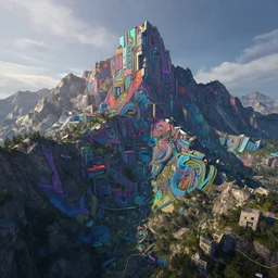 a landscape of a post cyberpunk mountain multi colour. intricate, unreal engine, by greg rutkowski.