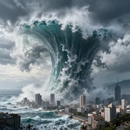 what if the ocean was upside down massive tidal waves viciously splashing and crashing everywhere siconolfini city and horrendous flooding tons of water instantaneously dropping from the sky hyperrealism lifelike photography by rutowski photo - realistic siconolfini city