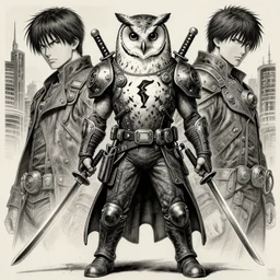 portrait full body a man as hero barn owl based, dc style, barn owl symbol in chest, barn owl mask, hand wraps, katana in both hands, steampunk, by yusuke murata and masakazu katsura, artstation, highly - detailed, cgsociety, pencil and ink, steampunk city in the background, dark colors, intricate details