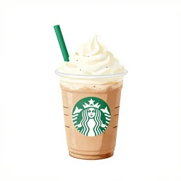 minimalist watercolor art frappuccino starbucks with green straw and whip cream on blank all white background, illustration, vector art
