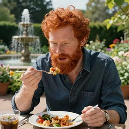 red headed man with beard having lunch in a bright beautiful botanical gardens with a fountain in the background, edward hopper
