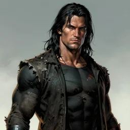 man in tattered clothing, long black hair, rugged, masculine, superhero, comic book cover, high detailed, digital art by todd mcfarlane