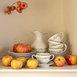beautiful still life of a pitcher apples tea cups on a shelf