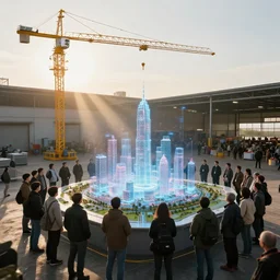 crane shot of large group people in open warehouse, looking at hologram of futuristic city on a table, cinematic concept, godrays, golden hour, natural sunlight, 4 k, clear details, tabletop model buildings, tabletop model, ethereal hologram center, crane shot, crane shot, rule of thirds, people, people, award winning