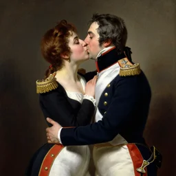 a 19th century painting of Napoleon Bonaparte passionately French-kissing the Duke of Wellington, romantic, love