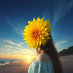 closeup girl with huge yellow dahlia flower as a head, on beach, surreal photography, blue sky, sunrise, dramatic light, impressionist painting, digital painting, artstation, simon stalenhag