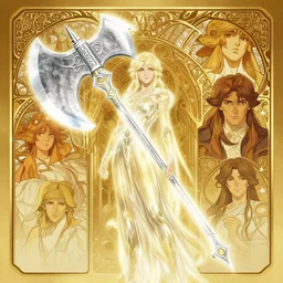 comic portrait of a shiny greataxe, ethereal weapon with extra fine details, fancy ornate design, gold color background anime style, realistic shaded lighting poster by ilya kuvshinov katsuhiro, magali villeneuve, artgerm, jeremy lipskin and michael garmash, unreal engine, octane rendering, fantasy art by greg rutkowski, alphone mucha, global illumination, detailed