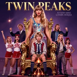 twin peaks movie poster art of taylor swift standing next to young boy sitting in throne, cheerleader sacrificed to moloch in a ritual, highly detailed, by artgerm, leyendecker, wlop, katherine lam, peter mohrbacher, michael whelan, tomer hanuka, godward, gustav moreau, saturno butto, boris vallejo, david kassan