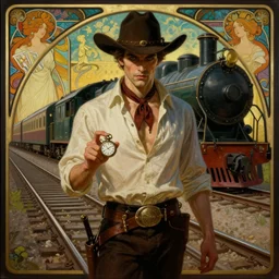 a dramatic ethereal epic symmetrical painting of a handsome villainous cowboy standing in front of railroad tracks with a train locomotive | his shirt is unbuttoned and he has a pocketwatch | tarot card, art deco, art nouveau, ( steampunk ), homoerotic, realistic | by louis comfort tiffany and alphonse mucha | trending on artstation