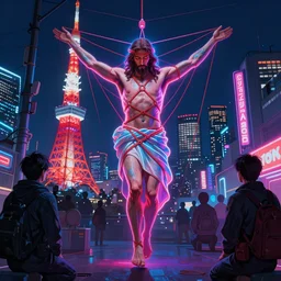 a painting of neon shibari jesus they prayed in tokyo, cyberpunk, wideangle camera