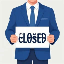 A man wearing a blue suit holds a sign that says closedAI, flat art