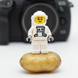 closeup shot of lego astronaut standing on a potato ( eos 5 ds r, iso 1 0 0, f / 8, 1 / 1 2 5, 8 4 mm, postprocessed, bokeh )
