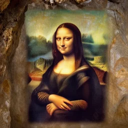 photograph of a cave wall, that has the ( ( mona lisa ) ) painted onto it