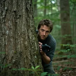 in a forest, shia labeouf, badly hiding behind a bolder, sneaking around looking at the camrea, at lest 6 feet away