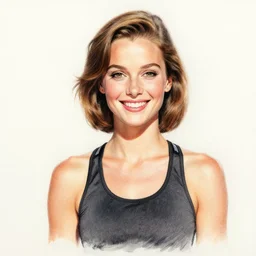 a 1 9 2 8 color drawing portrait. calm, happy, healthy, smiling, sporty, young, glowing greta garbo in athletic wear with big smile and healthy teeth. realistic, high quality.