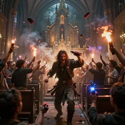 brutal mosh pit, molotov cocktails, riot at the catholic church, 8 k, ultra realistic, lens flare, atmosphere, glow, detailed, intricate, full of colour, cinematic lighting, trending on artstation, 4 k, hyperrealistic, focused, extreme details, unreal engine 5, cinematic, masterpiece