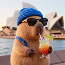 a photorealistic photograph of a knitted cute Capybara wearing sunglasses and dressed in blue beanie cap. The subject is also sipping a refreshing Mai Tai cocktail drink while standing outside of the Sydney Opera House during sunset. This 4K HD image is Trending on Artstation, featured on Behance, well-rendered, extra crisp, features intricate detail and the style of Unreal Engine.
