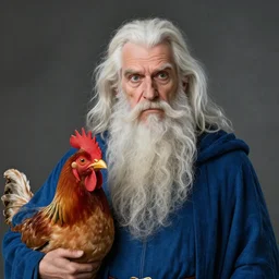 a portrait of a wizard with his pet chicken by Tony Sart, confused facial expression, blue robe, long white beard, frizzy hair, ArtStation, realistic, detailed