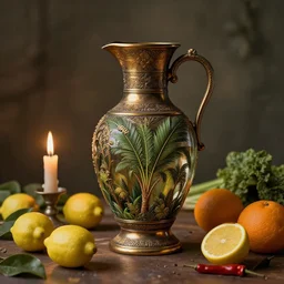 still art, antique jug with palms inside, old candle, much vegetables, lemon, orange, pepper, cinematic light, detailed, digital art, concept art, trending on artstation, highly detailed, intricate, sharp focus, digital art, 8 k
