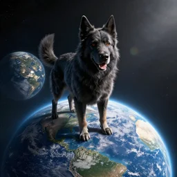 A giant and evil dog overlooking planet earth from space