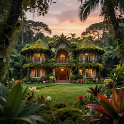 a jungle giant mansion surrounded by moss and tropical flowers, with a sunset, by alex horley, bokeh photography