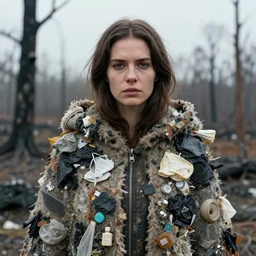 closeup portrait of a woman wearing a cloak made of garbage and junk, standing in a burnt forest, by Annie Leibovitz and Steve McCurry, natural light, detailed face, CANON Eos C300, ƒ1.8, 35mm, 8K, medium-format print