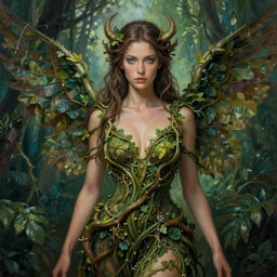 formal portrait of beautiful jungle goddess, painted by jesper ejsing. fantasy, sci - fi, v - neck dress made entirely of vines, wings, bright eyes, intricate detail, romanticism, vivid color scheme, studio lighting, artstation