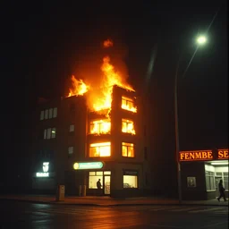 building on fire, almost night, dim light, bad weather, ultra hd, ultra sharp, hyper detailed, 8 k, shot on 3 5 mm film camera, smooth sharp focus, realism, tumblr aesthetic, we heart it aesthetic - h 6 4 0